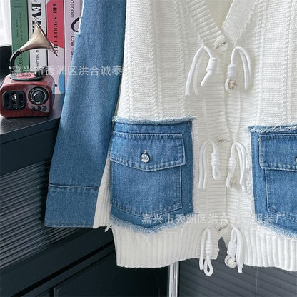 V-Neck Fringed Denim Panel Cardigan SpreePicky