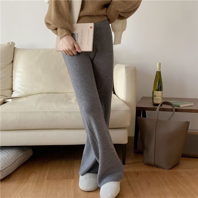 High Rise Plain Knitted Straight-Fit Wide-Leg Pants SpreePicky