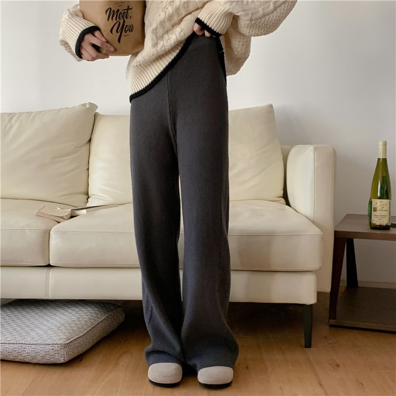 High Rise Plain Knitted Straight-Fit Wide-Leg Pants SpreePicky