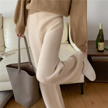 High Rise Plain Knitted Straight-Fit Wide-Leg Pants SpreePicky