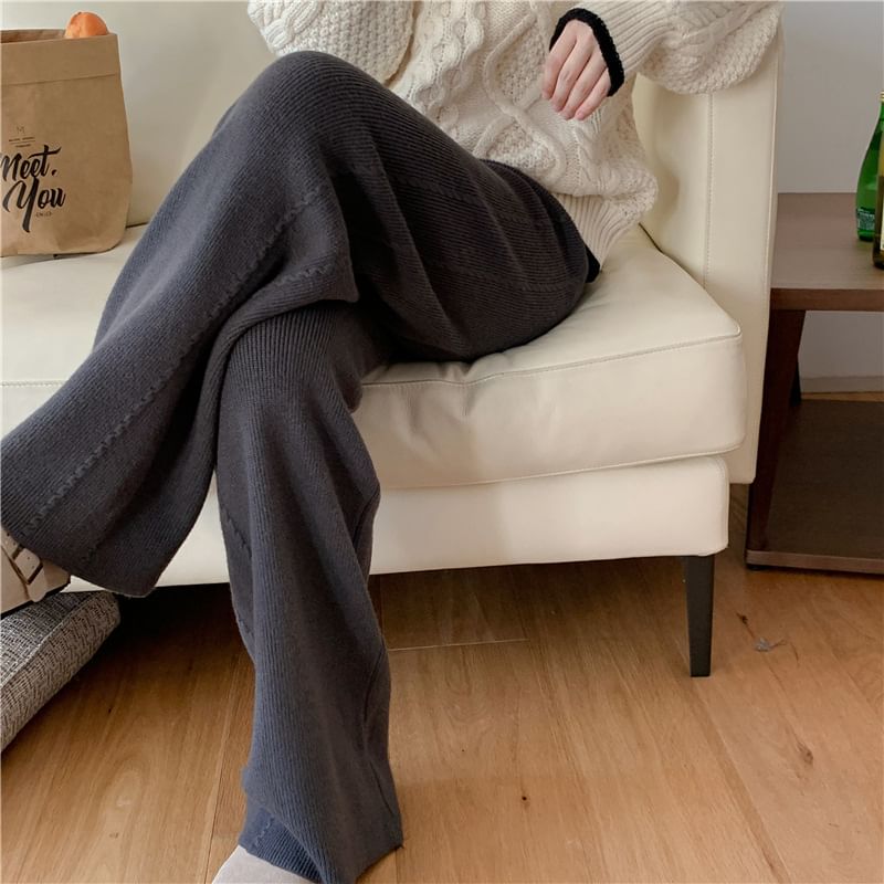 High Rise Plain Knitted Straight-Fit Wide-Leg Pants SpreePicky