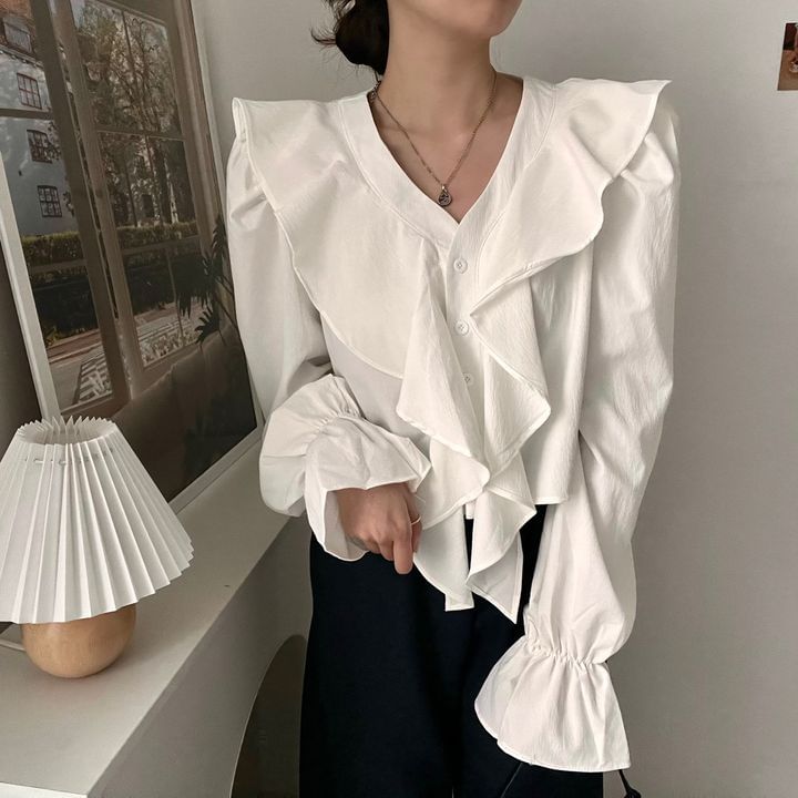 Long Sleeve V-Neck Plain Ruffle Blouse SpreePicky