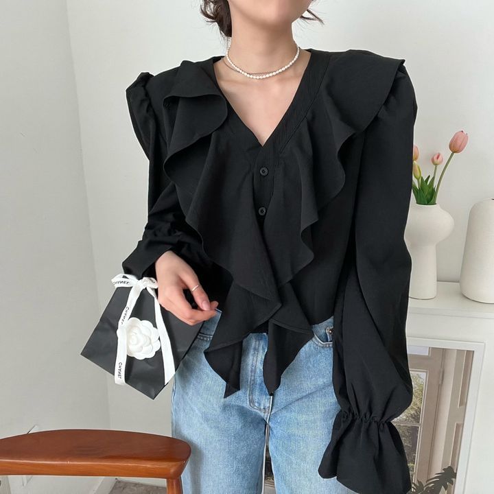 Long Sleeve V-Neck Plain Ruffle Blouse SpreePicky