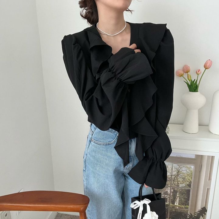 Long Sleeve V-Neck Plain Ruffle Blouse SpreePicky