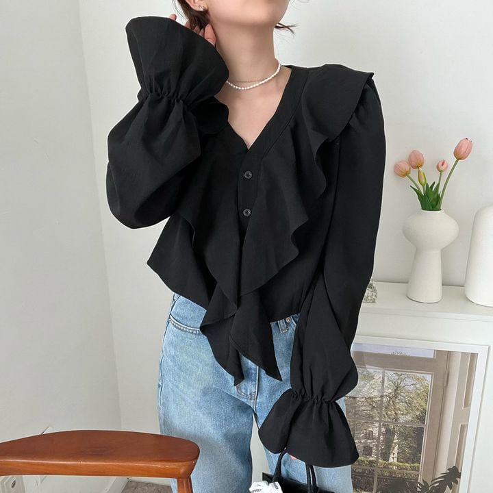 Long Sleeve V-Neck Plain Ruffle Blouse SpreePicky