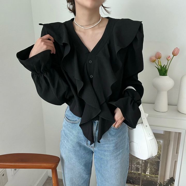 Long Sleeve V-Neck Plain Ruffle Blouse SpreePicky