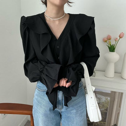 Long Sleeve V-Neck Plain Ruffle Blouse SpreePicky