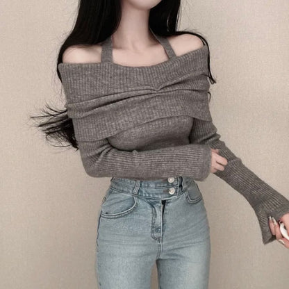 Long-Sleeve Off Shoulder Plain Ribbed Knitted Crop Top SpreePicky