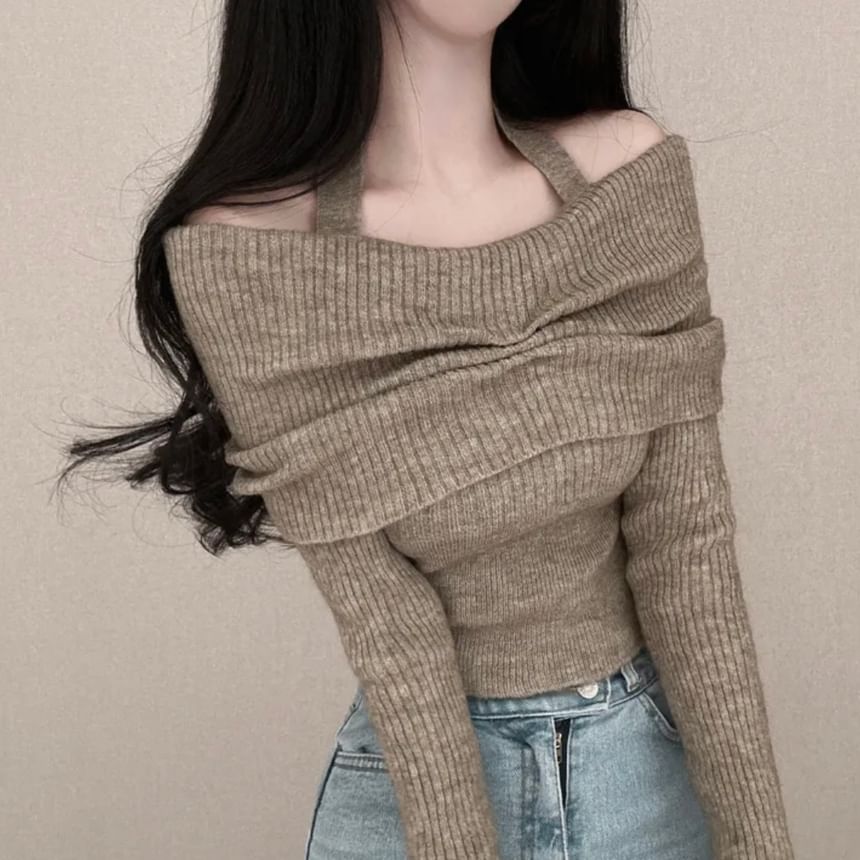 Long-Sleeve Off Shoulder Plain Ribbed Knitted Crop Top SpreePicky