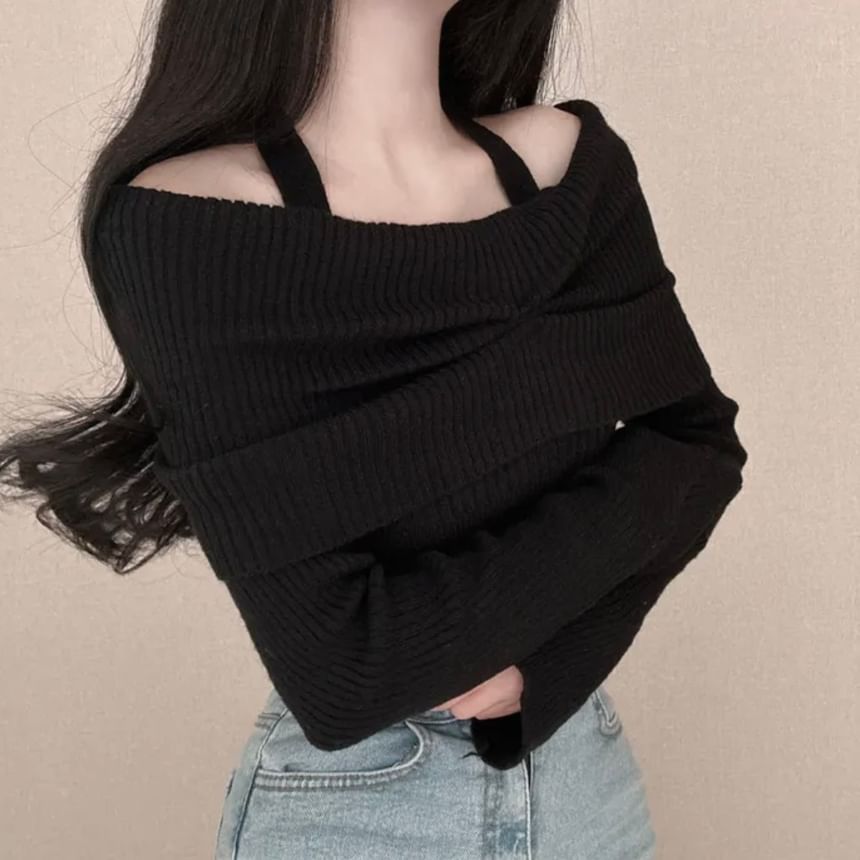 Long-Sleeve Off Shoulder Plain Ribbed Knitted Crop Top SpreePicky