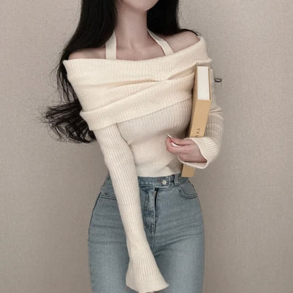 Long-Sleeve Off Shoulder Plain Ribbed Knitted Crop Top SpreePicky