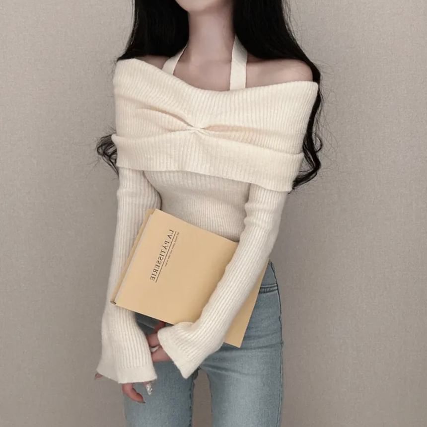 Long-Sleeve Off Shoulder Plain Ribbed Knitted Crop Top SpreePicky