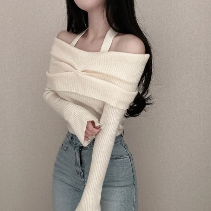 Long-Sleeve Off Shoulder Plain Ribbed Knitted Crop Top SpreePicky