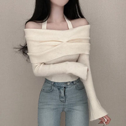 Long-Sleeve Off Shoulder Plain Ribbed Knitted Crop Top SpreePicky