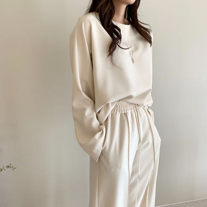 Long Sleeve Crew Neck Plain Pullover / Mid Rise Plain Wide Leg Sweatpants SpreePicky