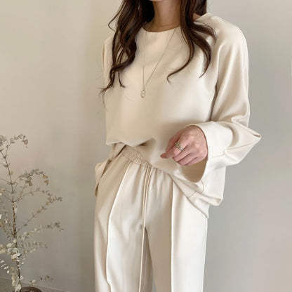 Long Sleeve Crew Neck Plain Pullover / Mid Rise Plain Wide Leg Sweatpants SpreePicky