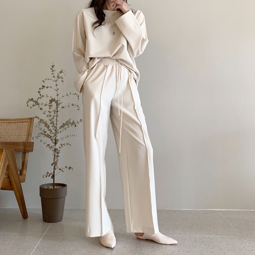 Long Sleeve Crew Neck Plain Pullover / Mid Rise Plain Wide Leg Sweatpants SpreePicky