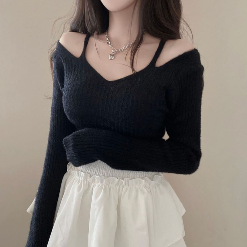 Cold Shoulder V-Neck Plain Ribbed Crop Sweater SpreePicky