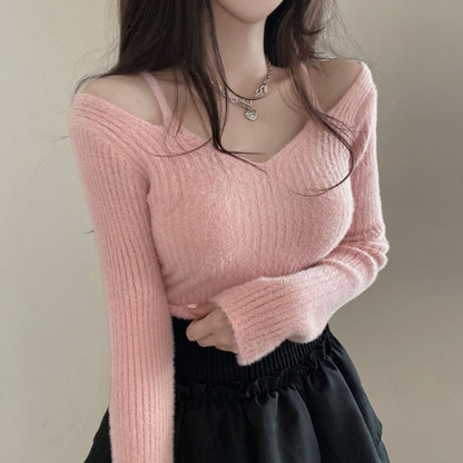 Cold Shoulder V-Neck Plain Ribbed Crop Sweater SpreePicky