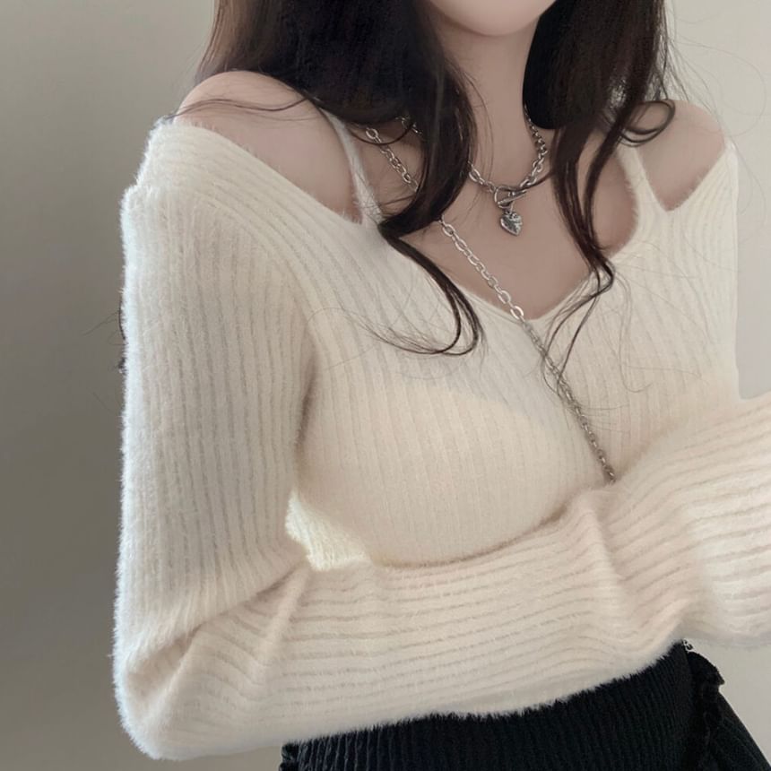 Cold Shoulder V-Neck Plain Ribbed Crop Sweater SpreePicky