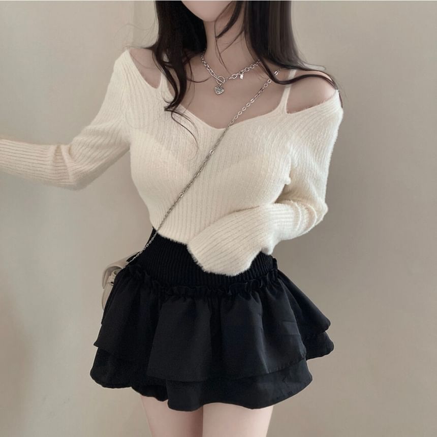 Cold Shoulder V-Neck Plain Ribbed Crop Sweater SpreePicky