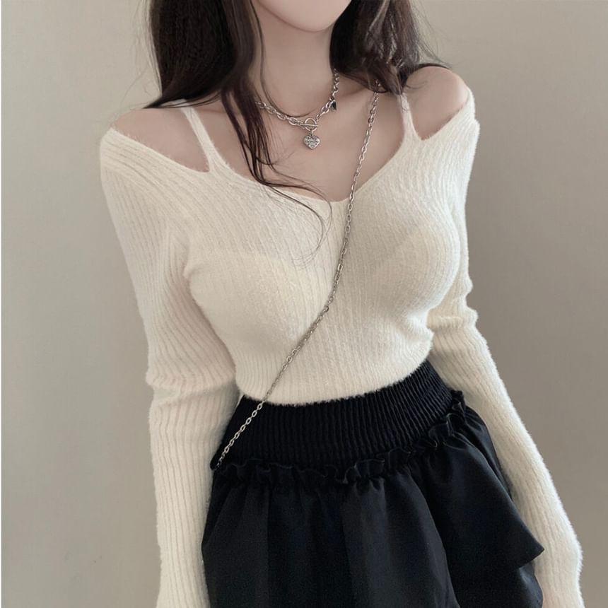 Cold Shoulder V-Neck Plain Ribbed Crop Sweater SpreePicky