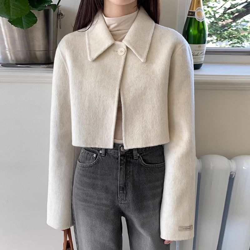 Collared Plain Single Buttoned Cropped Coat SpreePicky