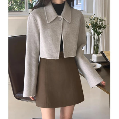 Collared Plain Single Buttoned Cropped Coat SpreePicky