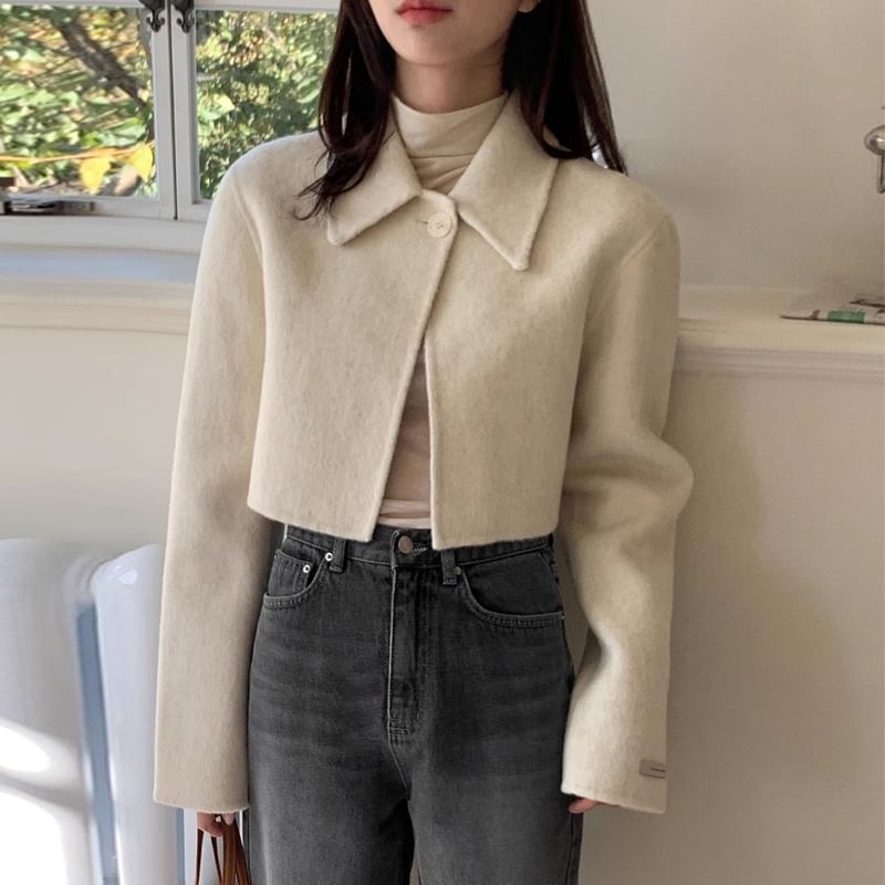 Collared Plain Single Buttoned Cropped Coat SpreePicky