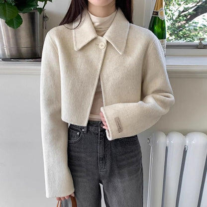 Collared Plain Single Buttoned Cropped Coat SpreePicky