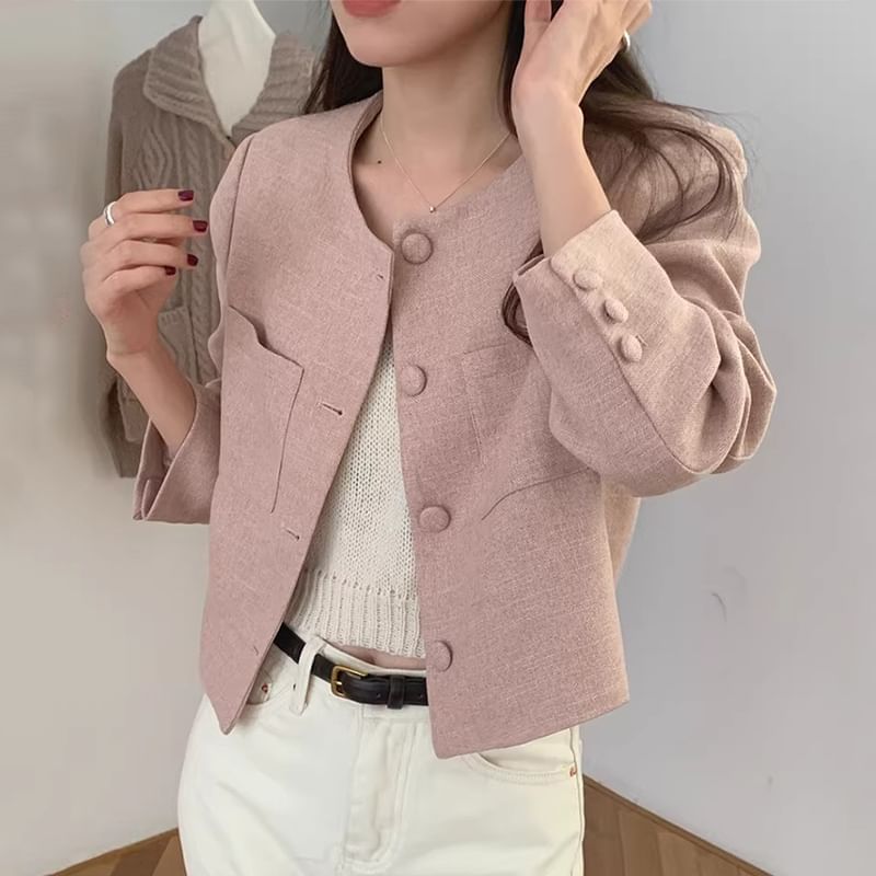 Crew Neck Plain Cropped Button Blazer SpreePicky