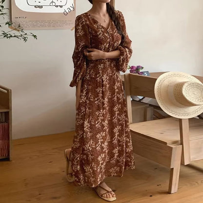 Long Sleeve Floral V-Neck Maxi A-Line Dress SpreePicky