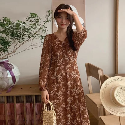 Long Sleeve Floral V-Neck Maxi A-Line Dress SpreePicky