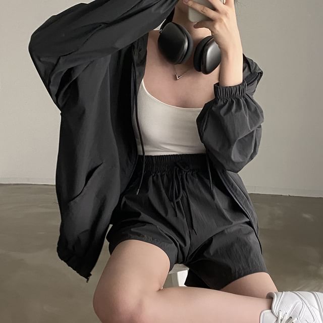 Set: Hooded Plain Drop Shoulder Zip Jacket + Drawstring Waist Shorts SpreePicky