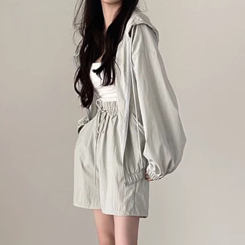 Set: Hooded Plain Drop Shoulder Zip Jacket + Drawstring Waist Shorts SpreePicky