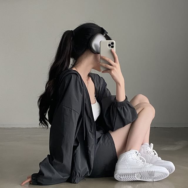 Set: Hooded Plain Drop Shoulder Zip Jacket + Drawstring Waist Shorts SpreePicky