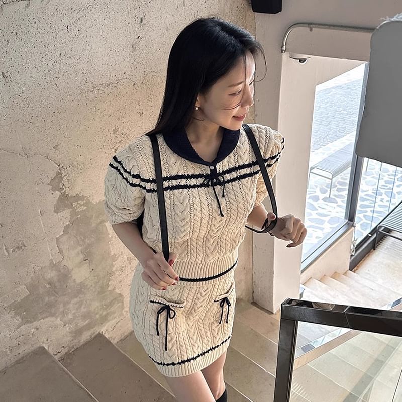 Set: Collared Striped Cable Knit Sweater + Mid Rise Mini Pencil Skirt SpreePicky