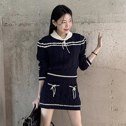 Set: Collared Striped Cable Knit Sweater + Mid Rise Mini Pencil Skirt SpreePicky