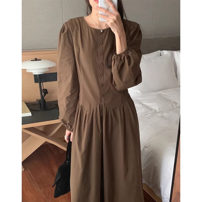 Lantern Sleeve Round Neck Plain Midi A-Line Dress SpreePicky