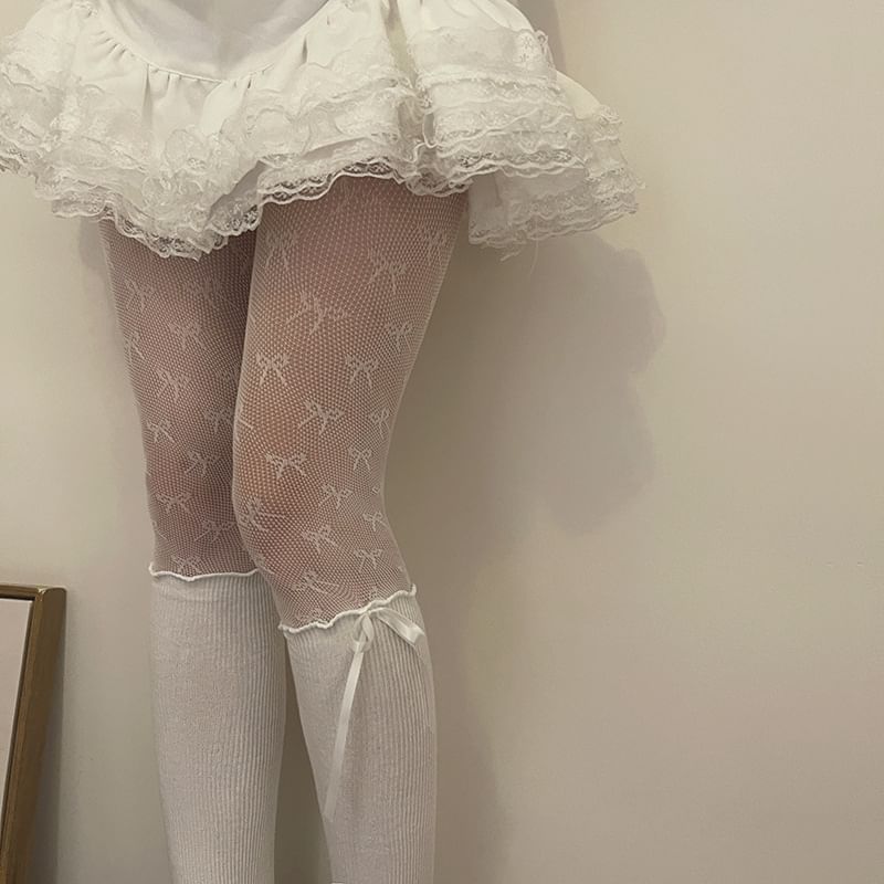 Lace Panel Bow Accent Tights SpreePicky