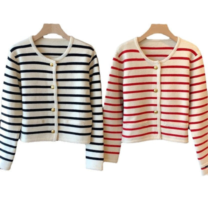 Striped Round-Neck Cardigan SpreePicky