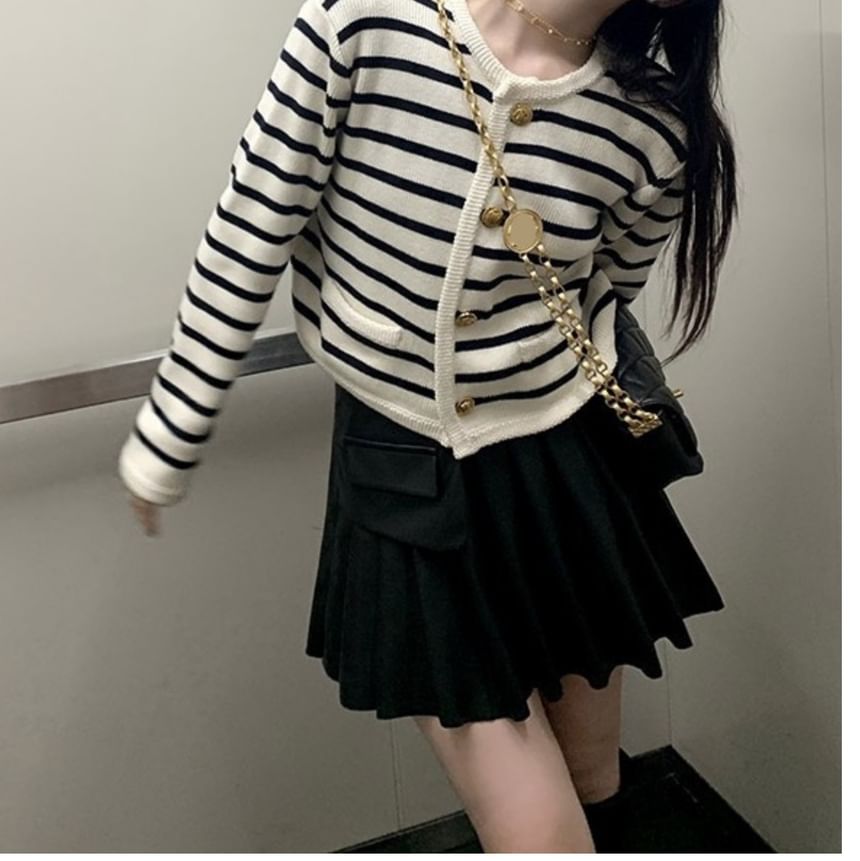 Striped Round-Neck Cardigan SpreePicky