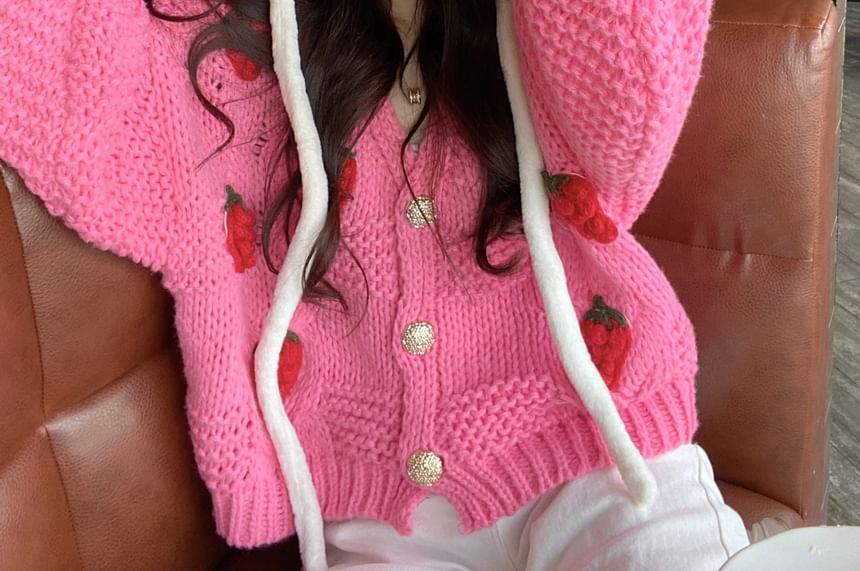 3D-Strawberry Crochet-Knit V-Neck Cardigan SpreePicky