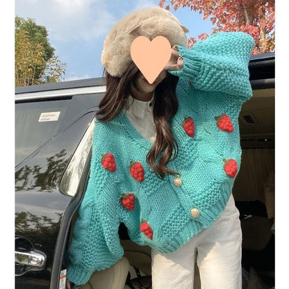 3D-Strawberry Crochet-Knit V-Neck Cardigan SpreePicky