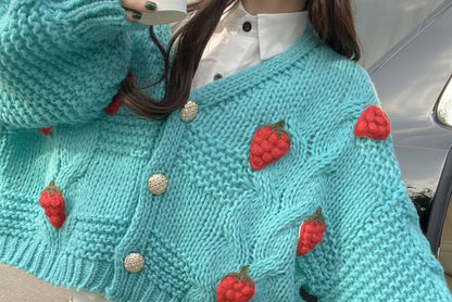 3D-Strawberry Crochet-Knit V-Neck Cardigan SpreePicky