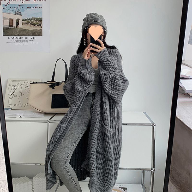 Oversized Open-Front V-Neck Long Cardigan SpreePicky