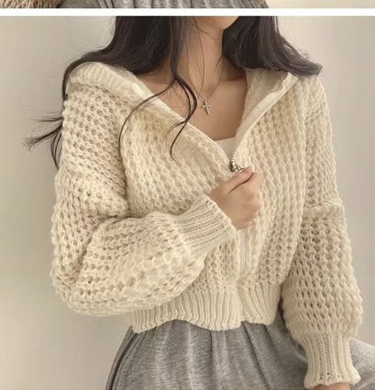 Crochet-Knit Hooded Zipper Cardigan SpreePicky