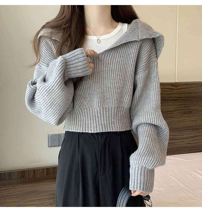 Cropped Sailor-Collar Loose Knit Sweater SpreePicky