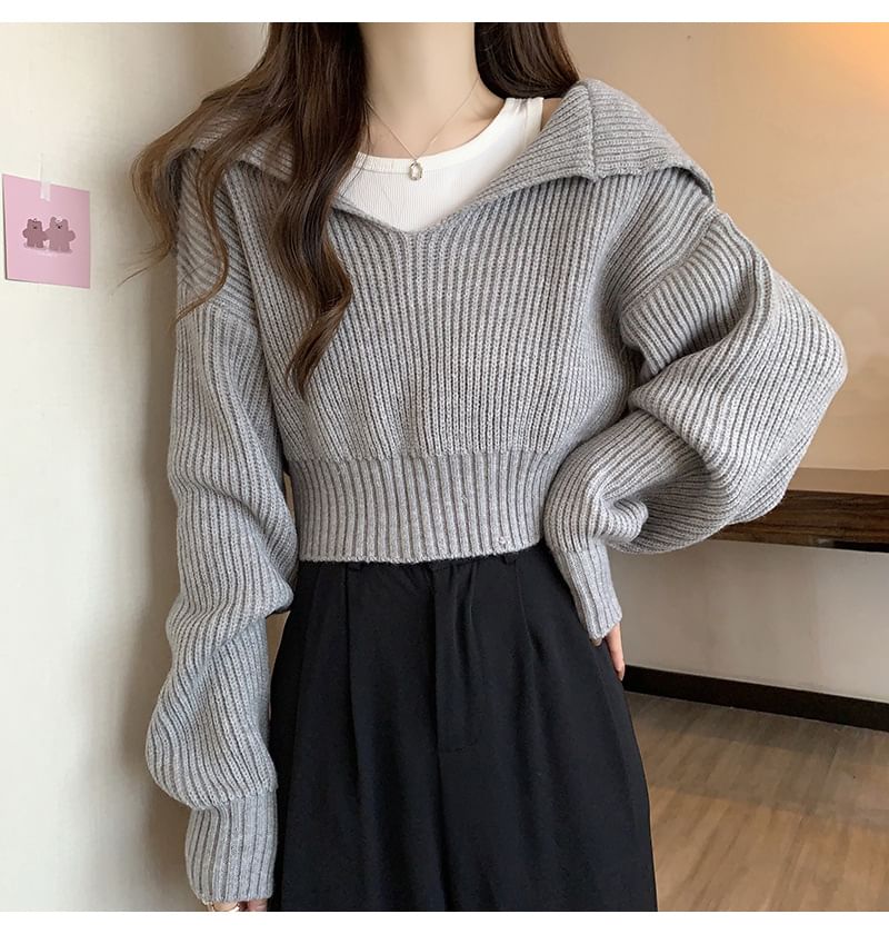 Cropped Sailor-Collar Loose Knit Sweater SpreePicky