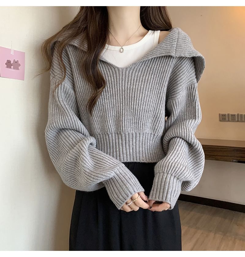 Cropped Sailor-Collar Loose Knit Sweater SpreePicky